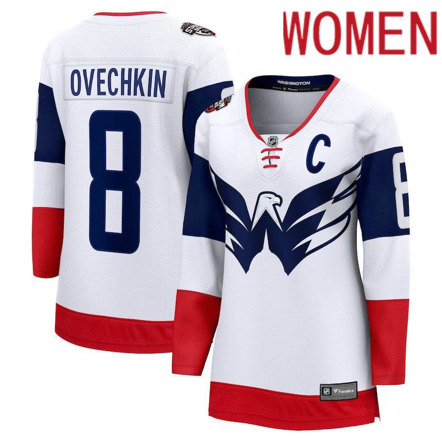 Women Washington Capitals #8 Alexander Ovechkin Fanatics Branded White 2023 NHL Stadium Series Breakaway Player Jersey->women nhl jersey->Women Jersey